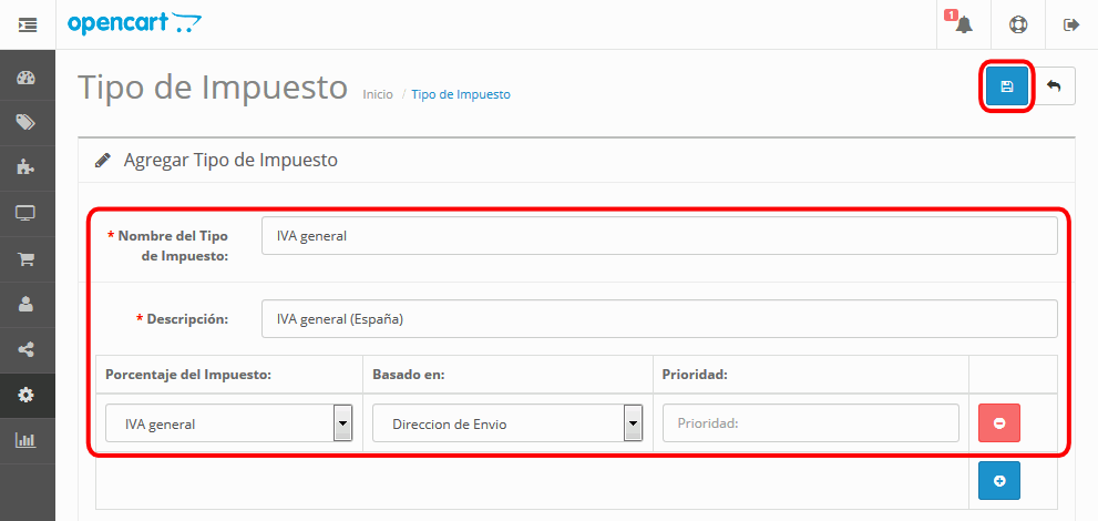 OpenCart. Tipo de Impuesto