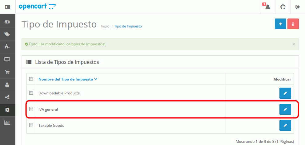 OpenCart. Tipo de Impuesto