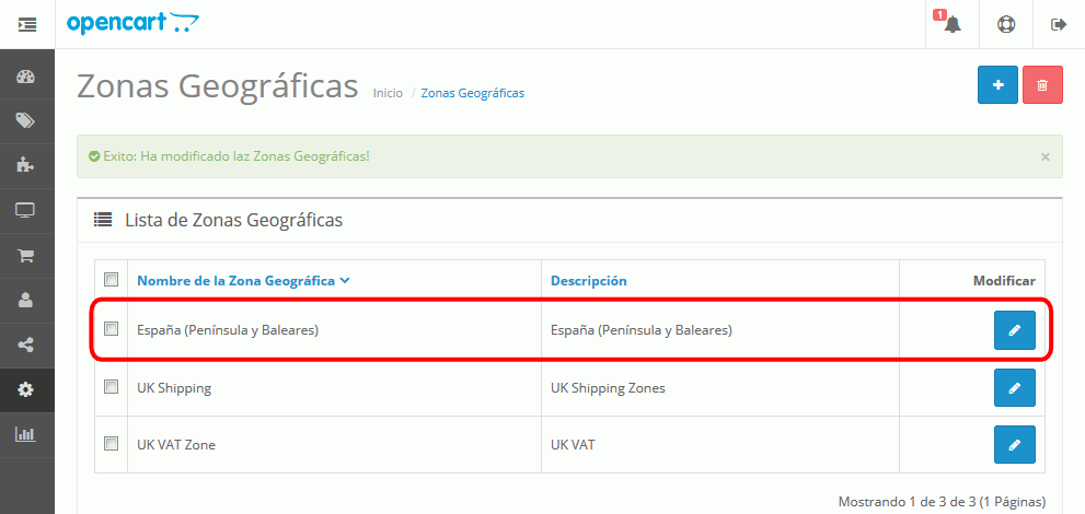 OpenCart. Zonas geográficas