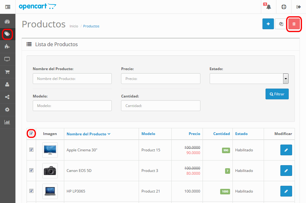 OpenCart. Productos