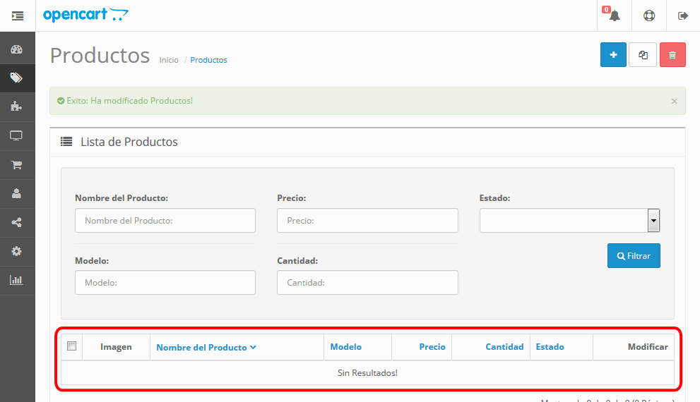 OpenCart. Productos