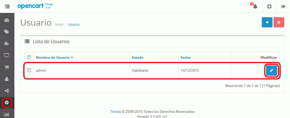 OpenCart. Usuario Administrador