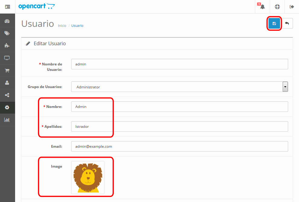 OpenCart. Usuario Administrador