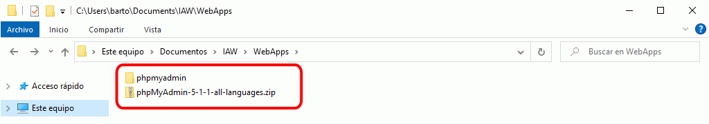 phpMyAdmin. Carpeta de phpMyadmin