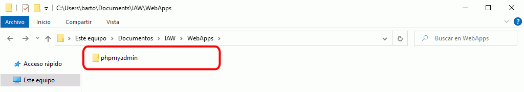 phpMyAdmin. Carpeta de phpMyadmin