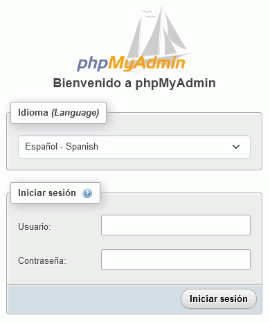 phpMyAdmin. Página de inicio