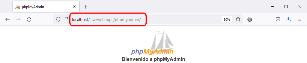 phpMyAdmin. Página de inicio