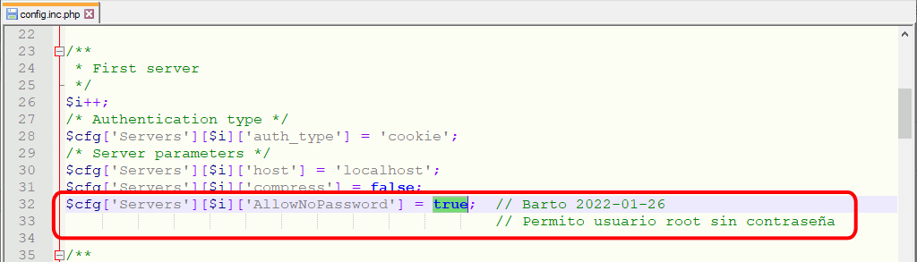 phpMyAdmin. Página de inicio