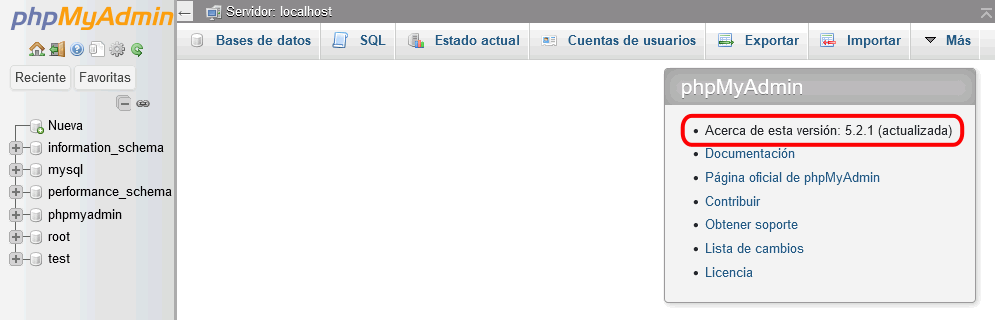 phpMyAdmin. Pantalla general