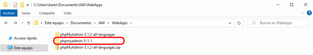 phpMyAdmin. Carpeta de phpMyadmin