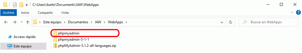 phpMyAdmin. Carpeta de phpMyadmin