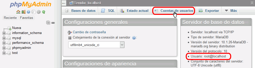 phpMyAdmin. Usuarios