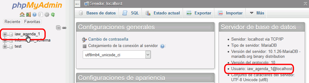 XAMPP. Base de datos iaw_agenda1