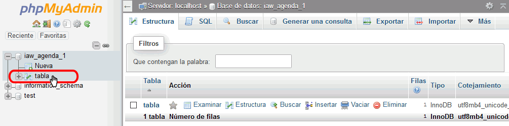 XAMPP. Base de datos iaw_agenda1