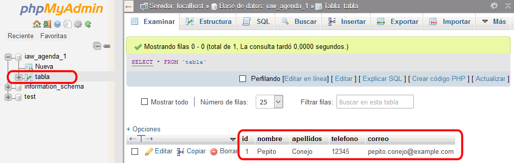 XAMPP. Base de datos iaw_agenda1