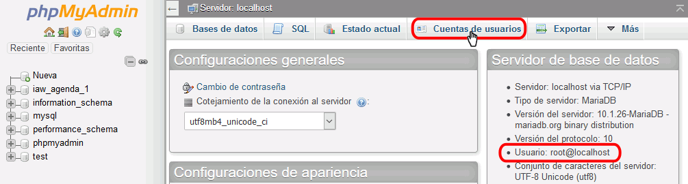 phpMyAdmin. Usuarios