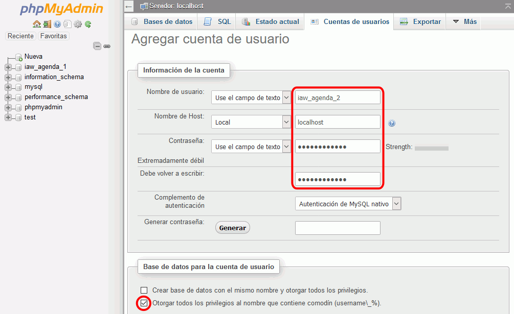 phpMyAdmin. Usuarios