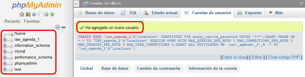 phpMyAdmin. Usuarios