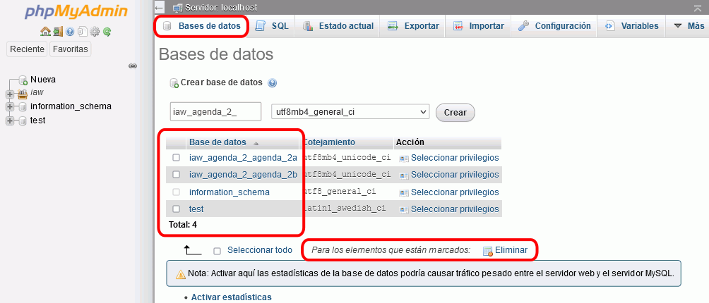 XAMPP. Borrar bases de datos