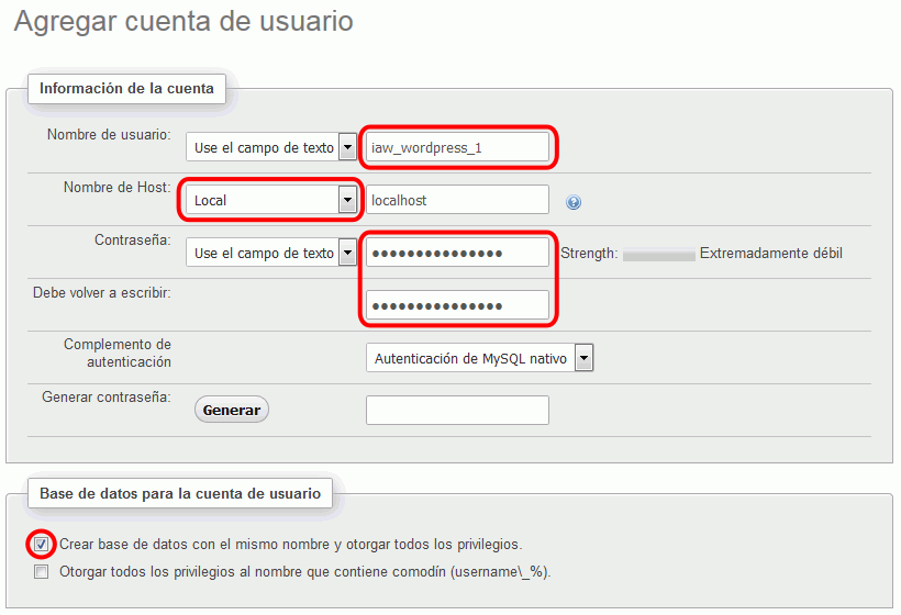 phpMyAdmin. Creación de usuario para WordPress