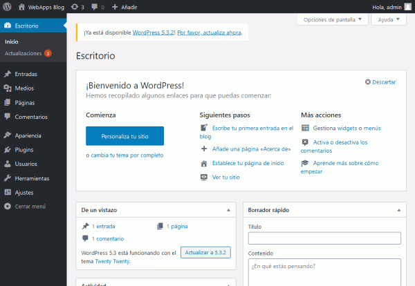 WordPress. Pantalla de administración