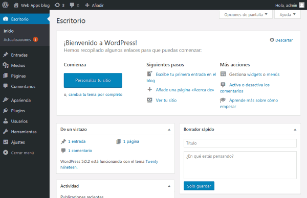 WordPress. Pantalla de administración