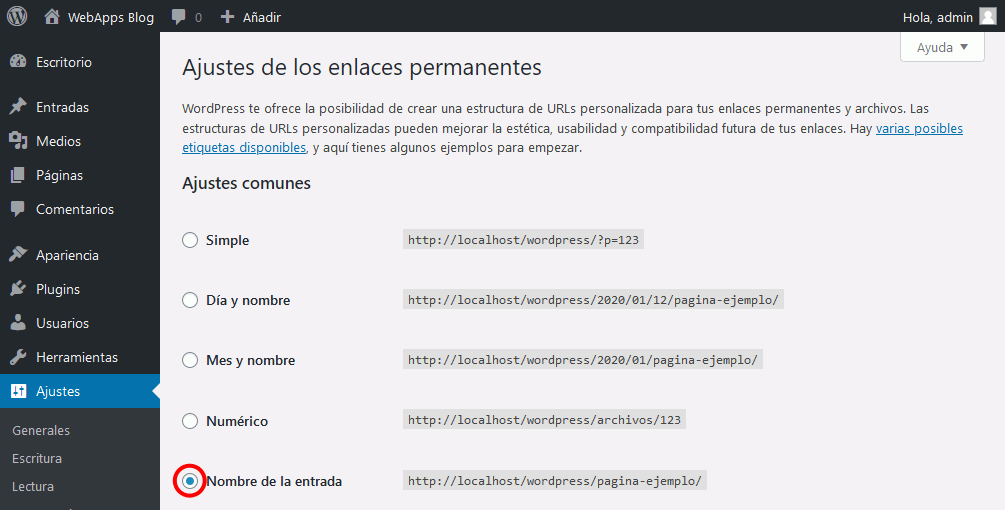 WordPress. Enlaces permanentes