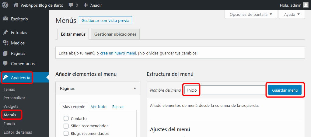 WordPress. Menú