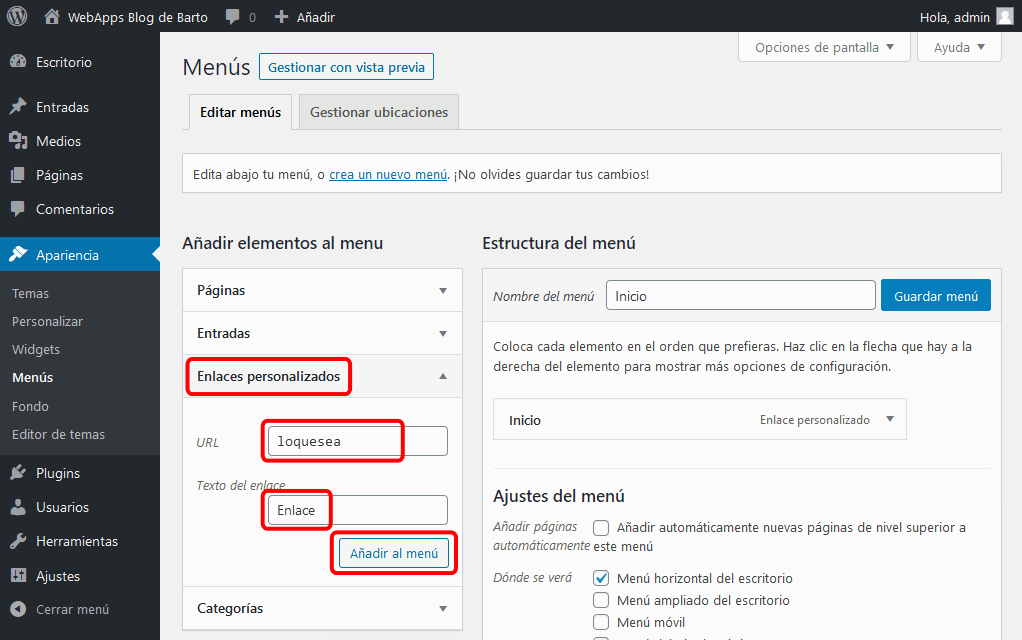 WordPress. Menú