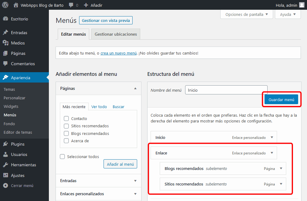 WordPress. Menú