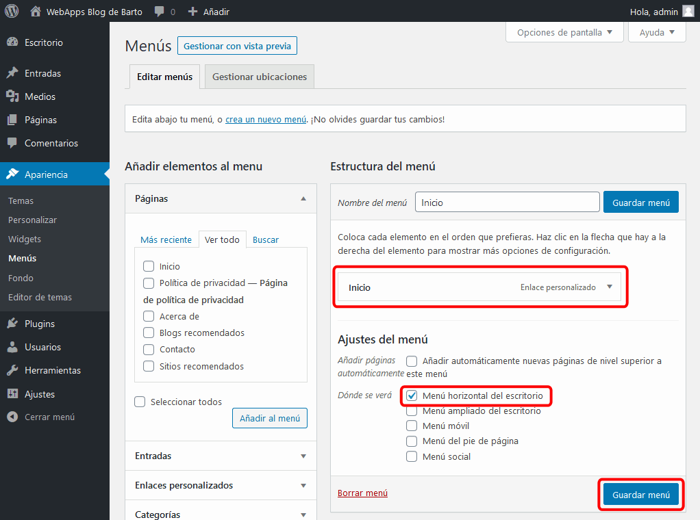 WordPress. Menú