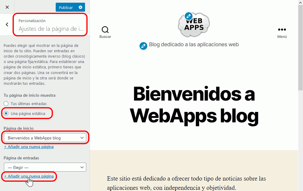 WordPress. Portada estática