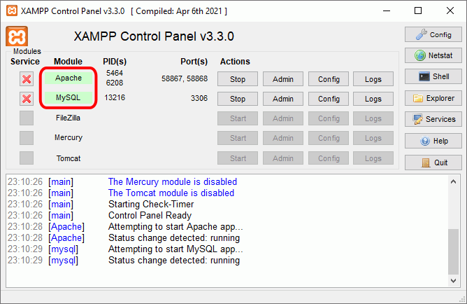 Panel de control de XAMPP