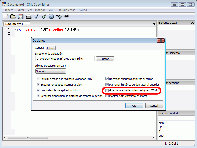 XML Copy Editor - Herramientas > Opciones > General